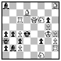 1.Df7!  ~ 2.Rd5+ Ke4 3.Rd2+ cxd2 4.Dxf3+ 1.- Lxc6 2.Re4+ Kxe4 3.Rg3+ Ke3 4.Dxf3+ 1.- b3 2.Re8+ Ke4 3.Rd6+ Dxd6 4.Df4+ 1.- Lc1 2.Rh5+ Ke4 3.Df4+ Lxf4 4.Lf5+