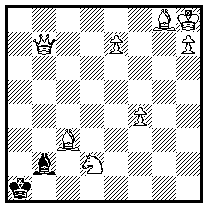 1.Ld4! Lc3 2.Db3 Lb2 3.Df3 Lc3 4.Db7 Lb2 5.Lc3