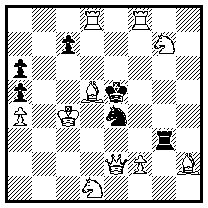 1.Lg8 1.- c6 2.Dh5+ Rg5 3.f4+ Ke4 4.Te8+ Re6 5.Dd5+, 1.- 1.- c5 2.Db2+ Rc3 3.Tf5+ Ke4 4.Db7+ Rd5 5.Rc3+